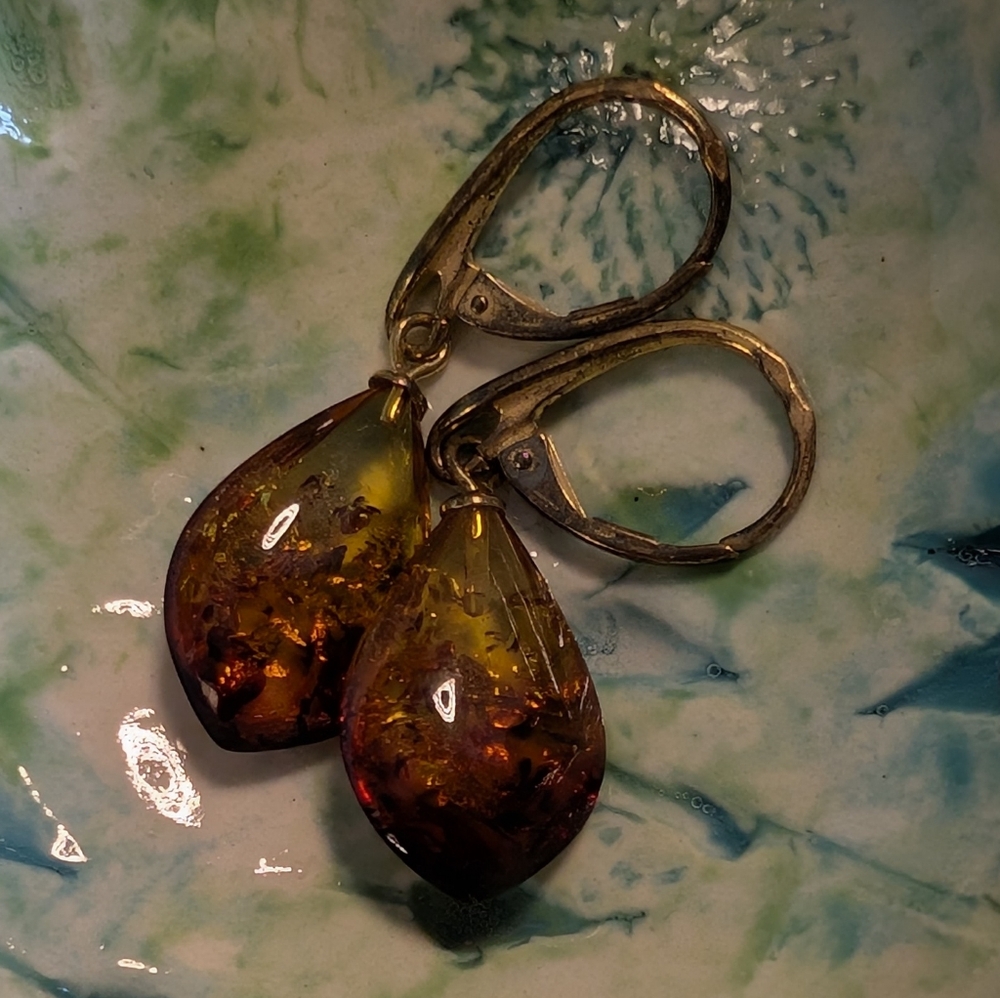Amber Teardrop Earrings with Silver Hooks - Picture 4 of 6